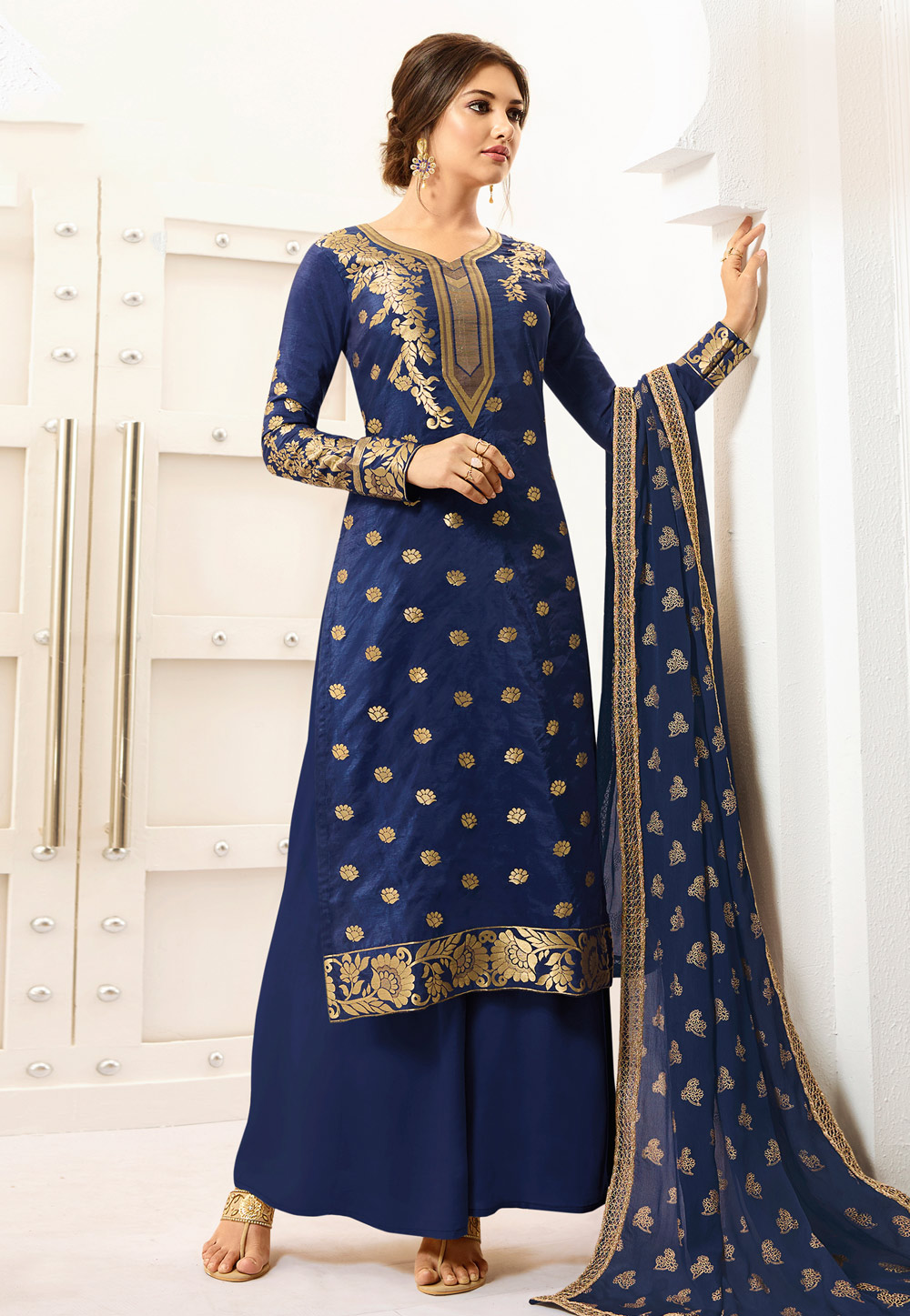 Navy Blue Banarasi Silk Palazzo Suit 176753