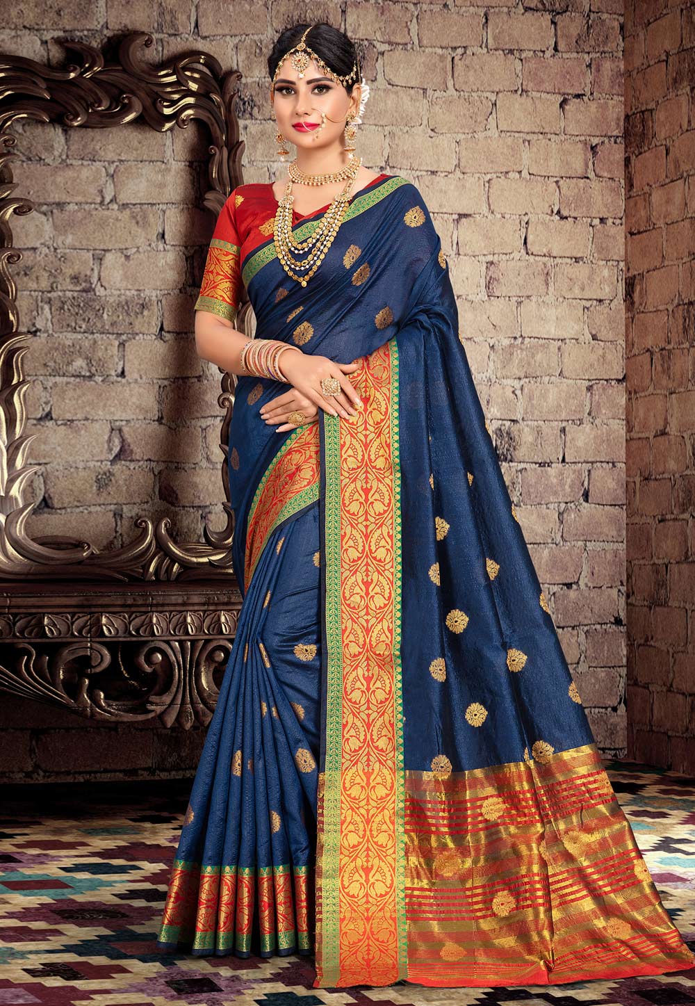 Navy Blue Cotton Saree With Blouse 176841