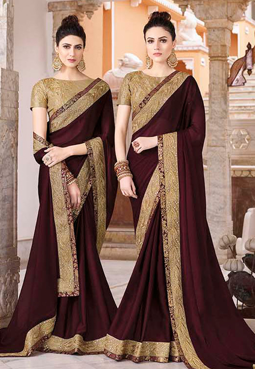 Wine Silk Embroidered Saree With Blouse 177693