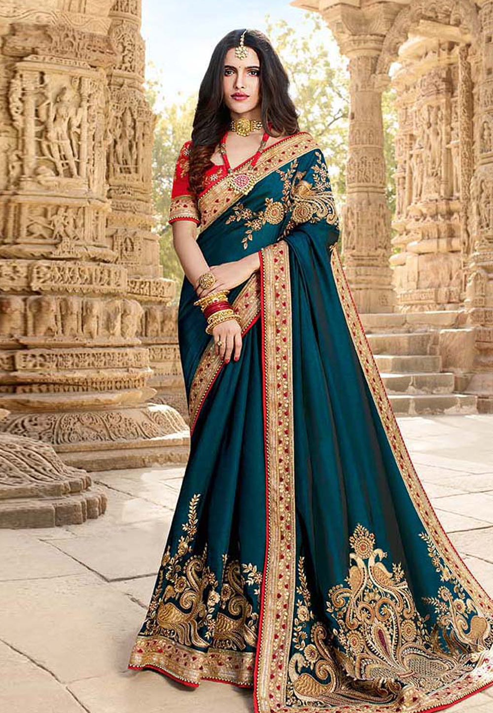 Teal Silk Embroidered Saree With Blouse 178002