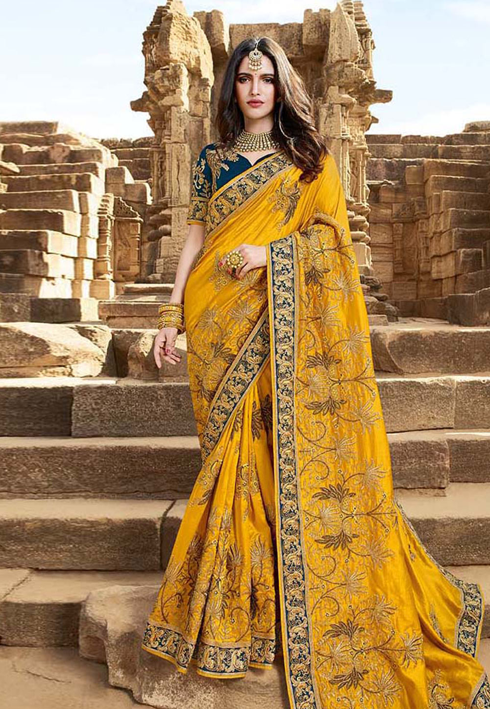 Yellow Satin Embroidered Saree With Blouse 178006