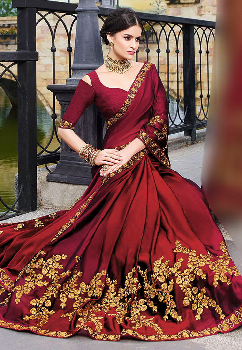 Maroon Silk Embroidered Party Wear Saree 179088