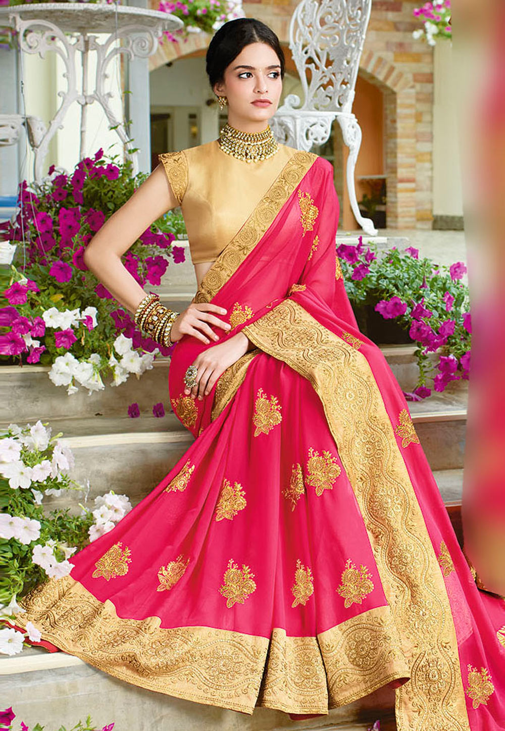Magenta Georgette Embroidered Party Wear Saree 179091