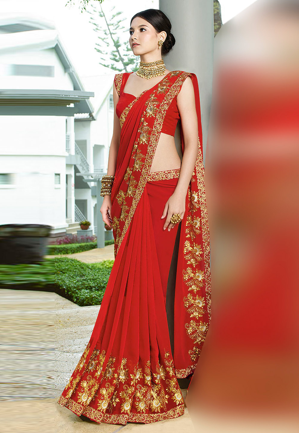 Red Georgette Embroidered Saree With Blouse 179095