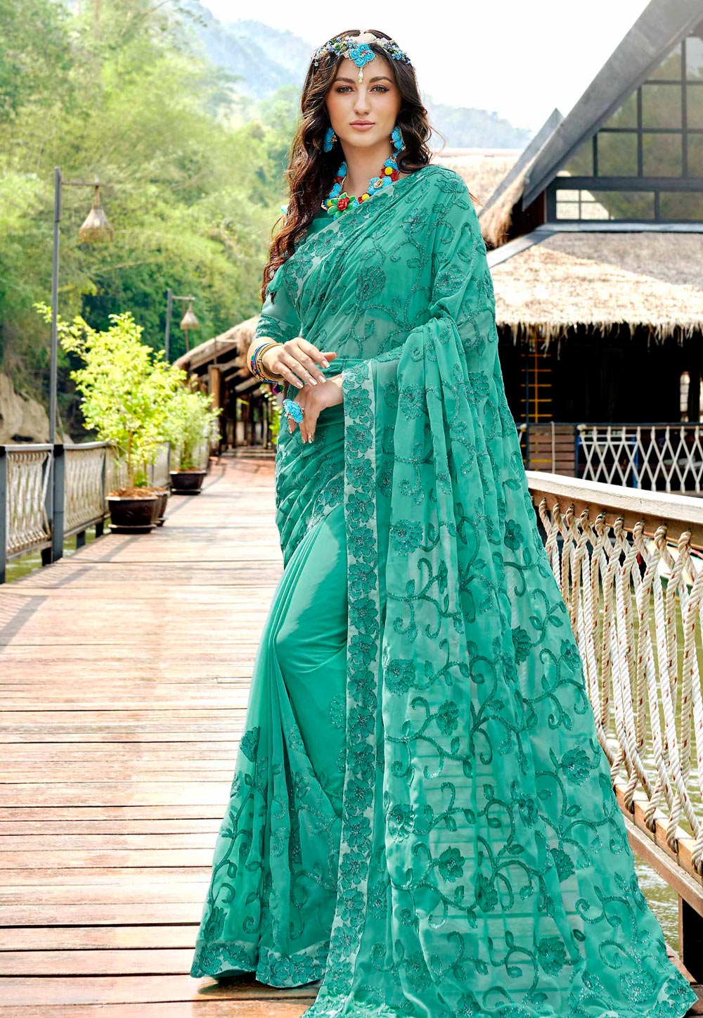 Sea Green Georgette Saree With Blouse 181749