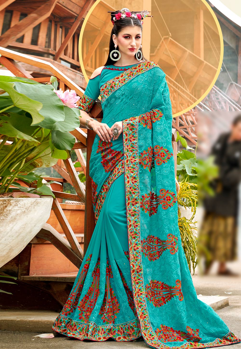 Turquoise Georgette Saree With Blouse 181508