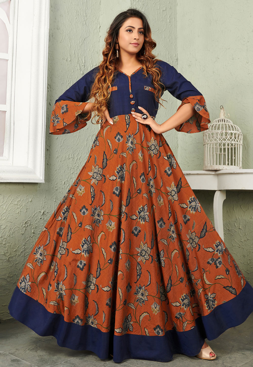 Rust Muslin Readymade Printed Gown With Frill Sleeve 181838