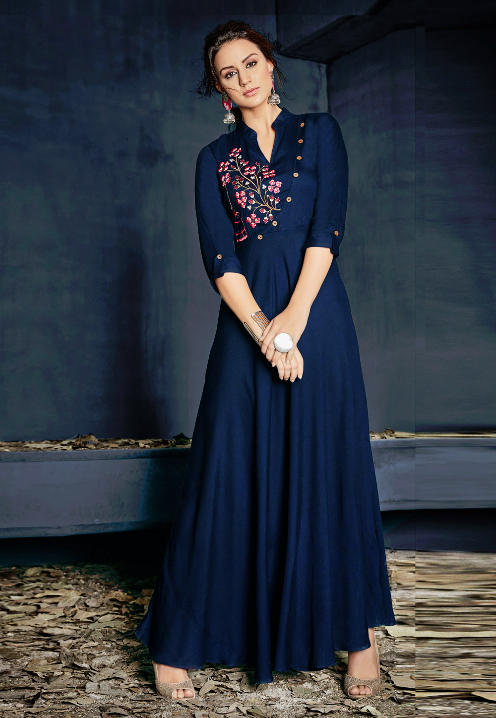 Navy Blue Rayon Readymade Gown 182474