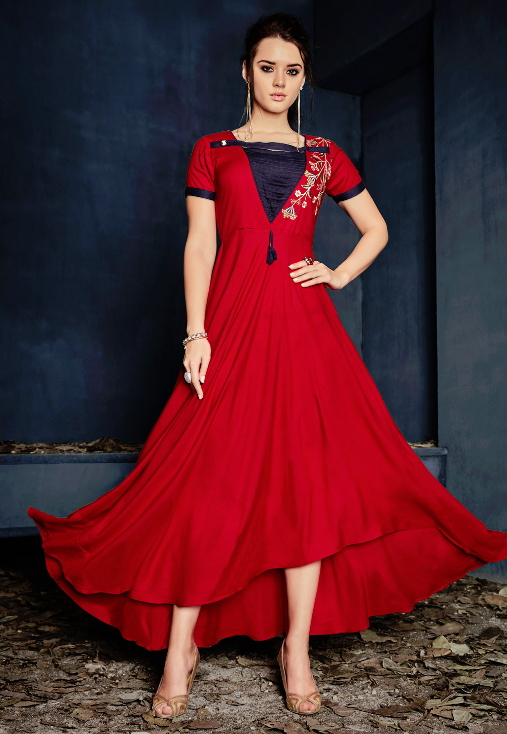 Red Rayon Readymade Gown 182476