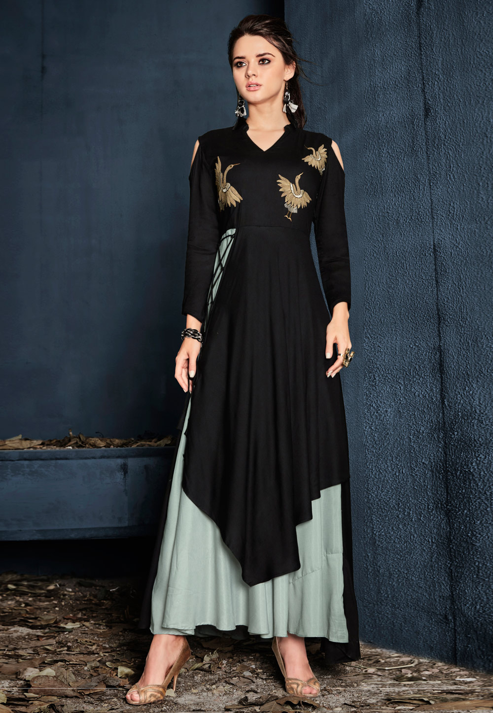Black Rayon Readymade Gown 182478