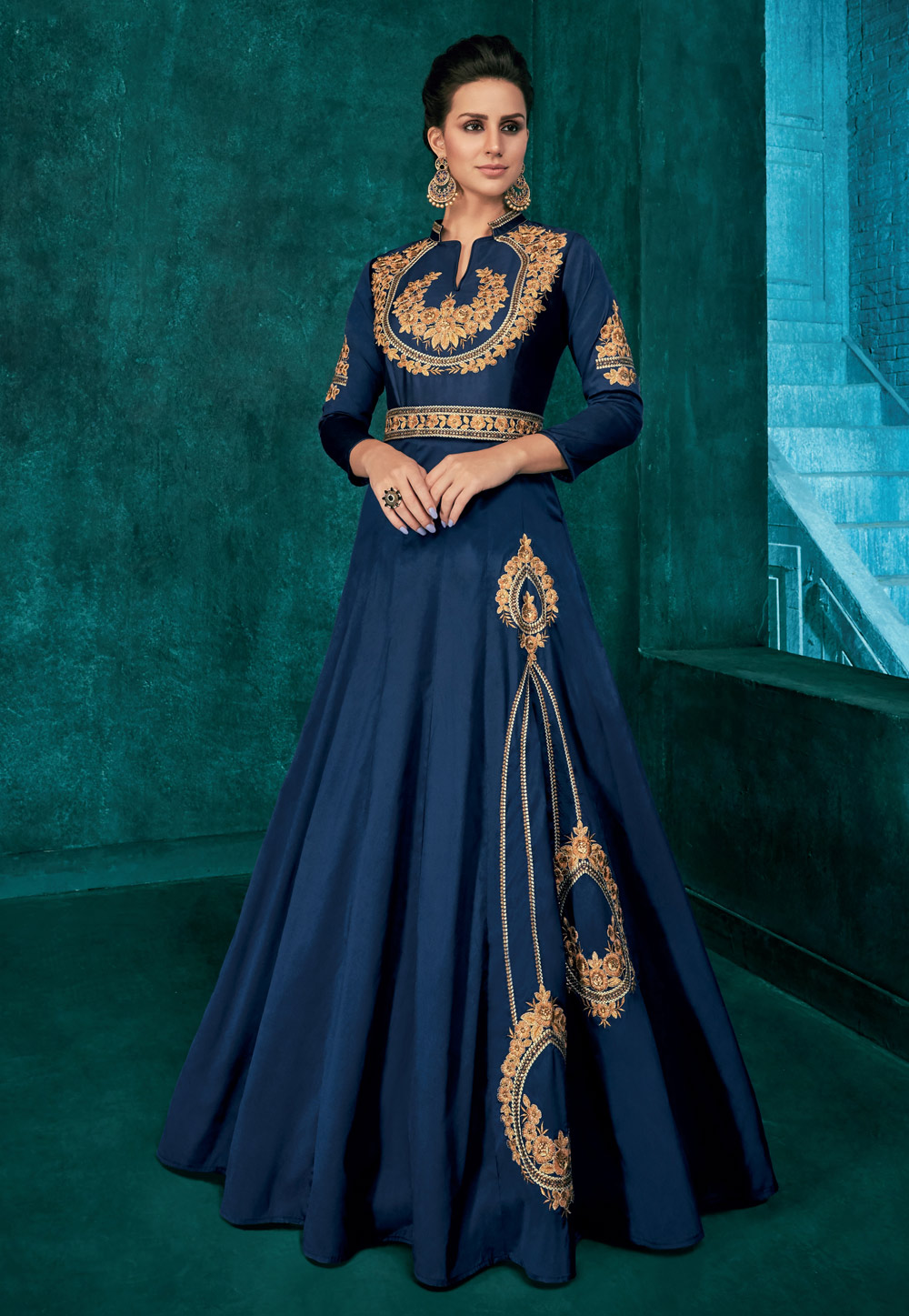 Navy Blue Art Silk Readymade Party Wear Gown 182755