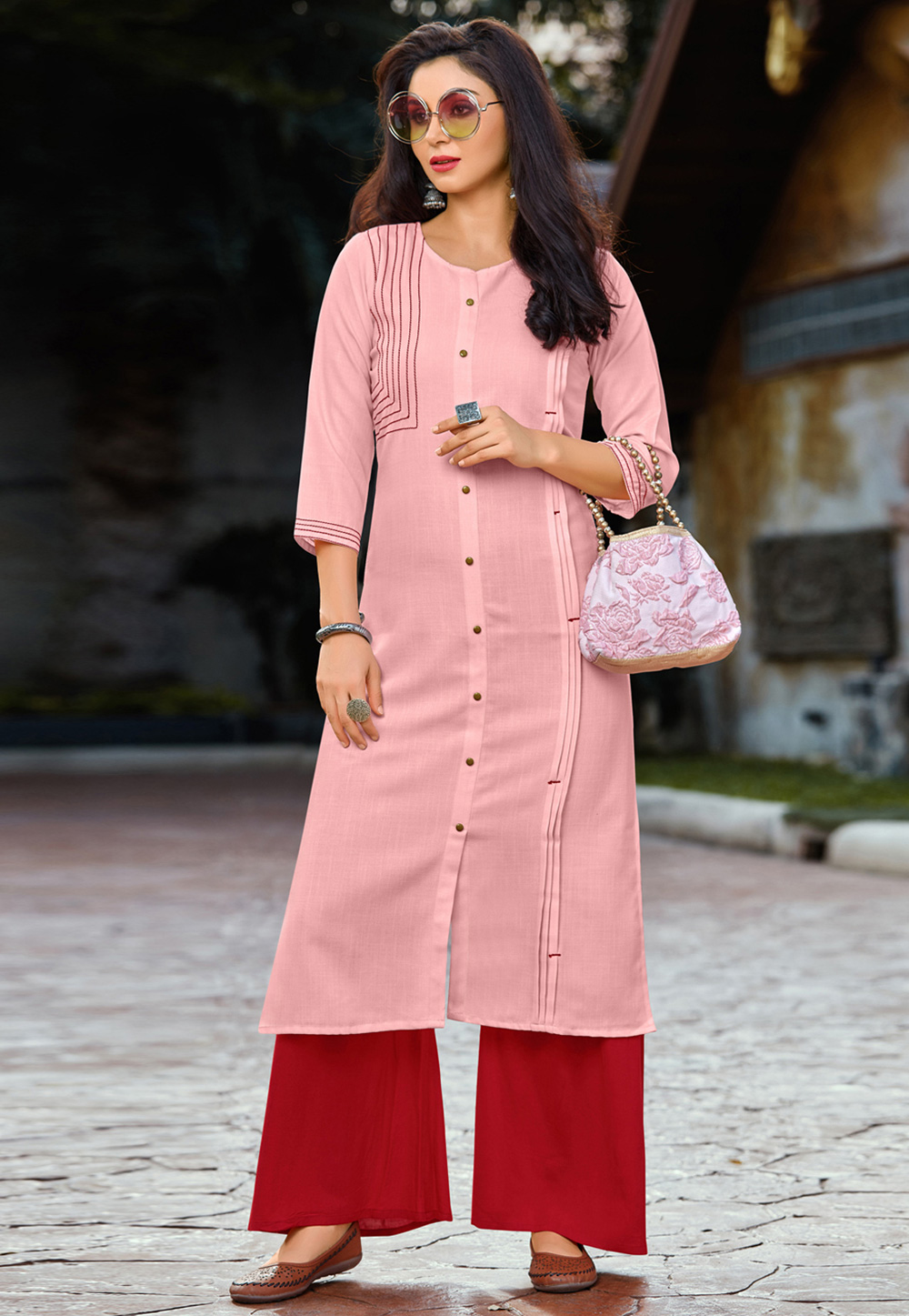 Pink Cotton Kameez With Palazzo 183367