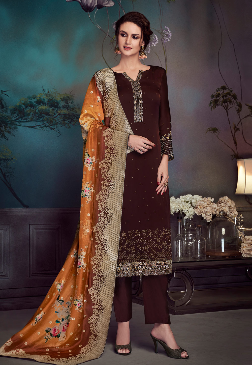 Brown Satin Embroidered Pant Style Suit 184324