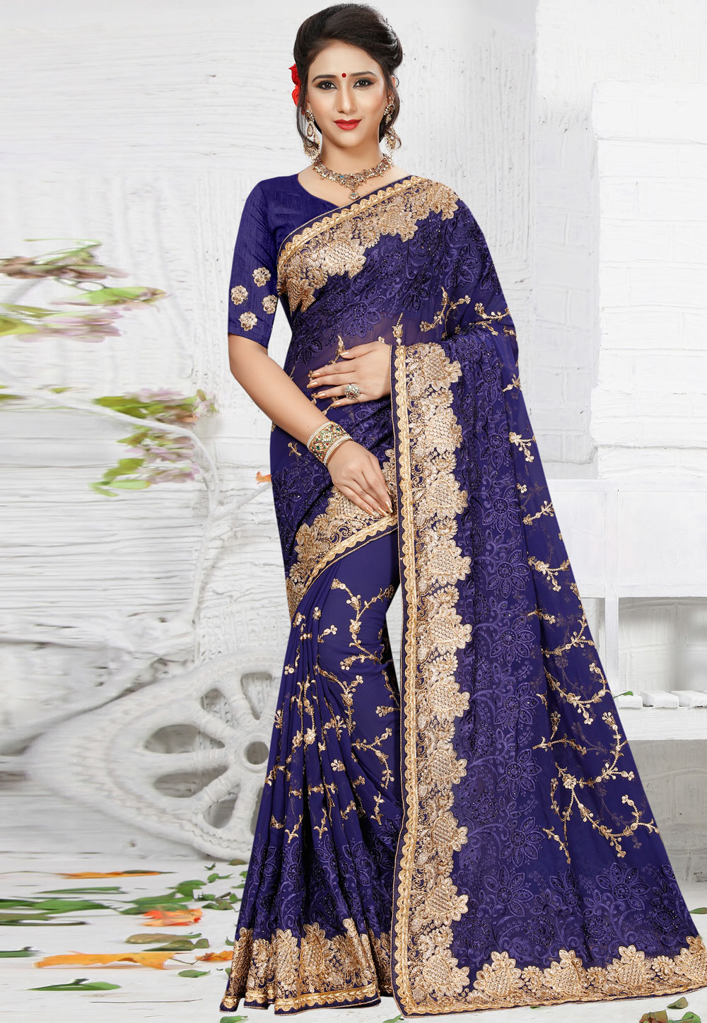 Navy Blue Georgette Saree With Blouse 184787