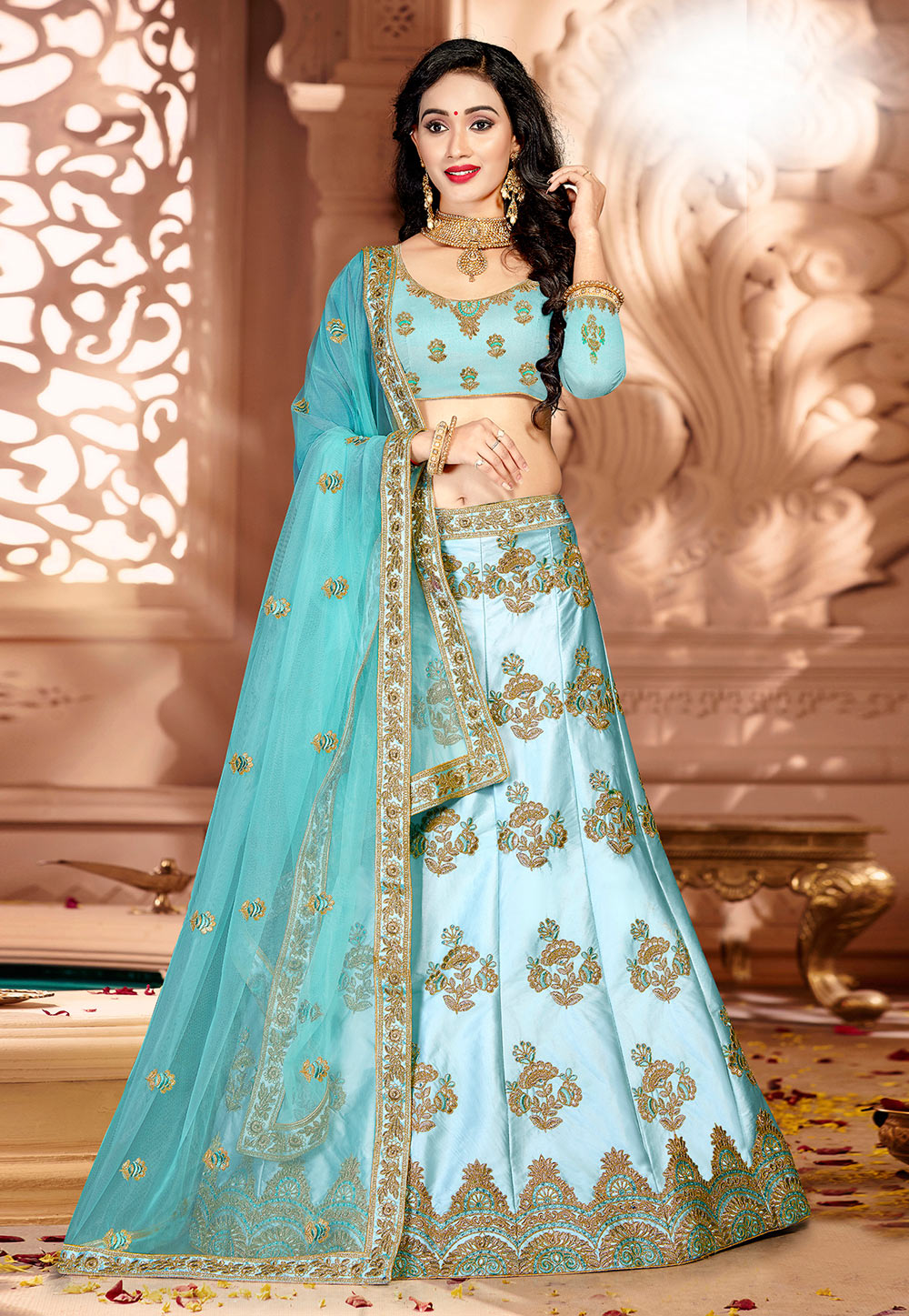 Aqua Satin A Line Lehenga Choli 186442