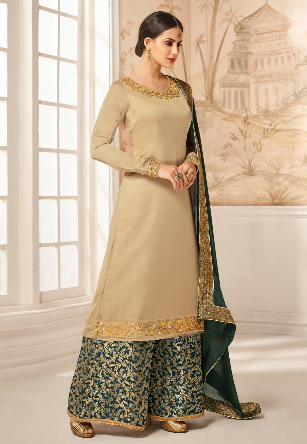 Beige Satin Embroidered Palazzo Suit 186885