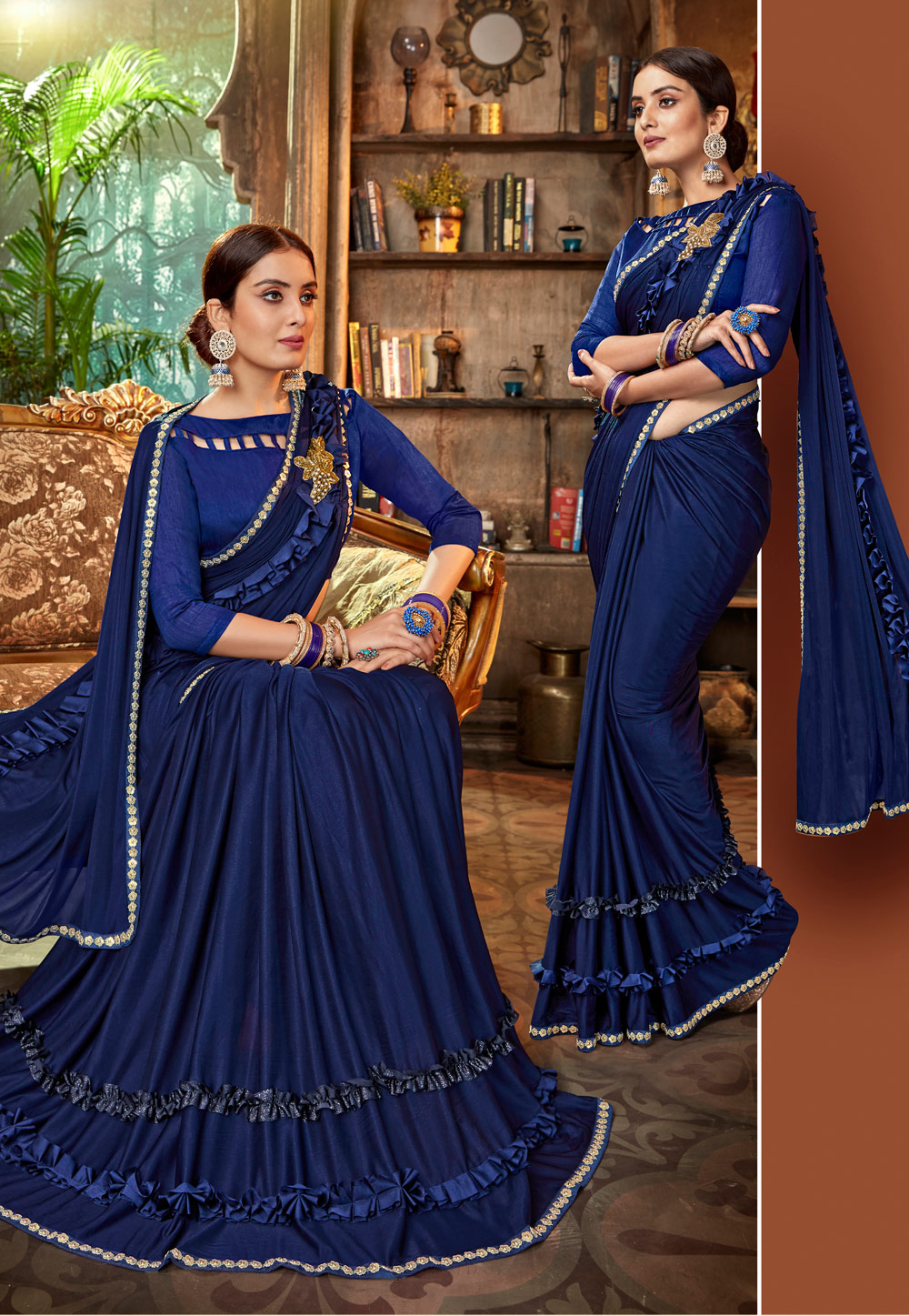 Navy Blue Lycra Festival Wear Saree 192193
