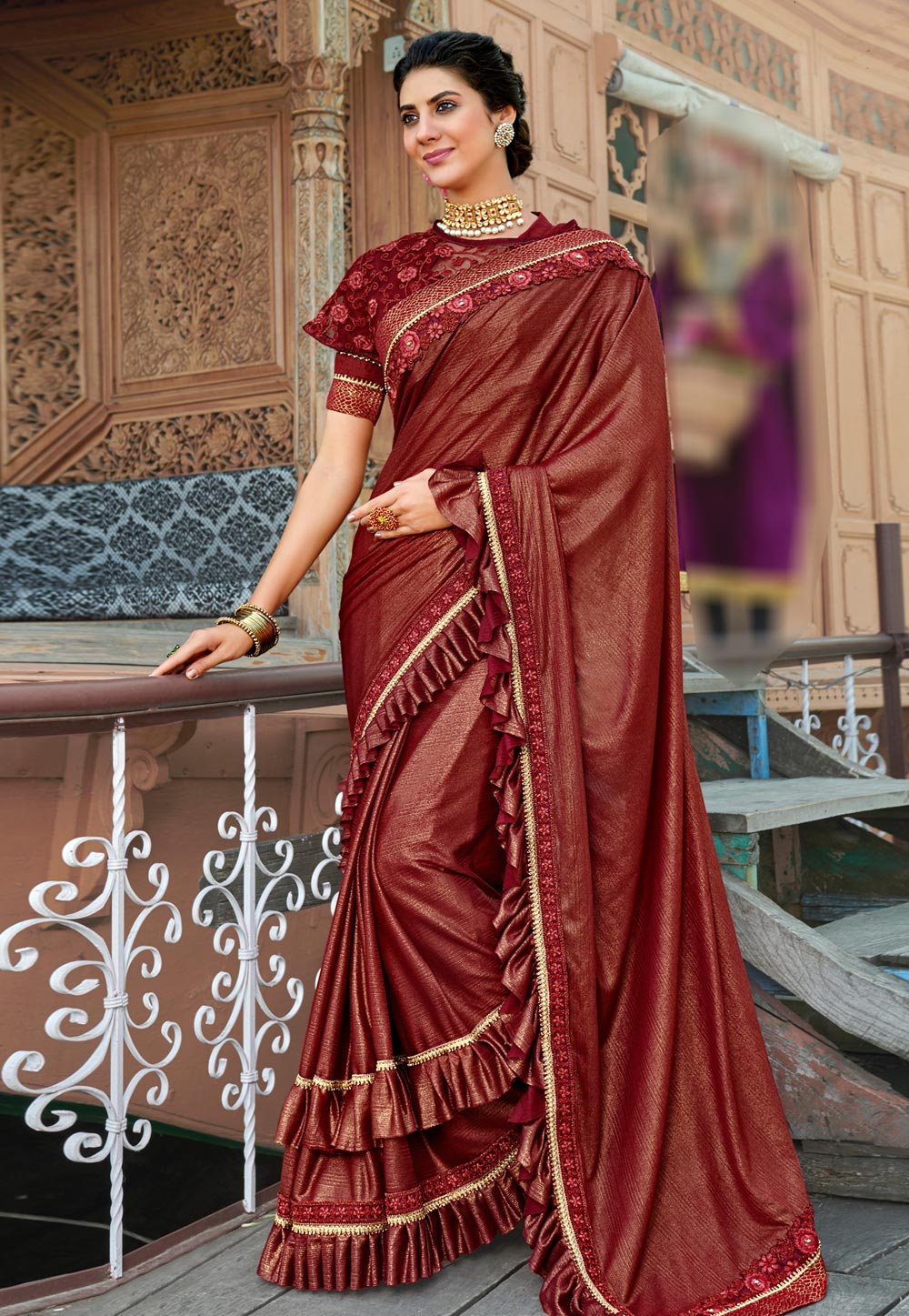 Maroon Lycra Saree With Blouse and Cape 193086