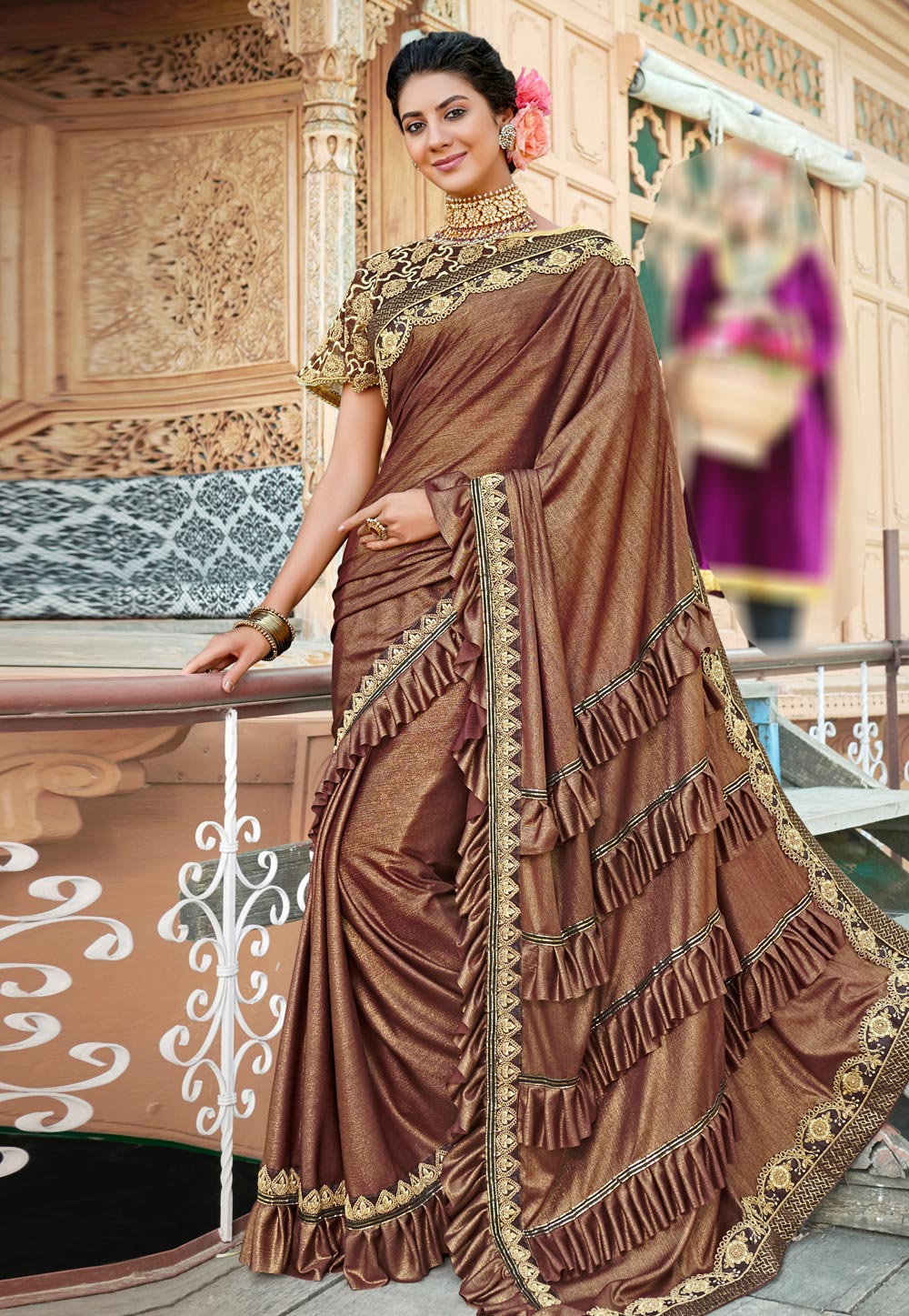 Brown Lycra Saree With Blouse and Cape 193088