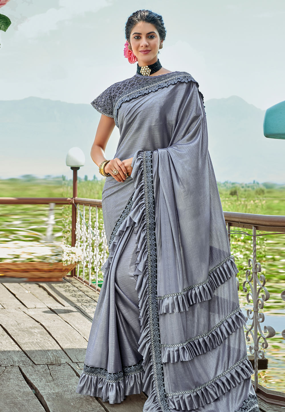 Grey Lycra Saree With Blouse and Cape 193090