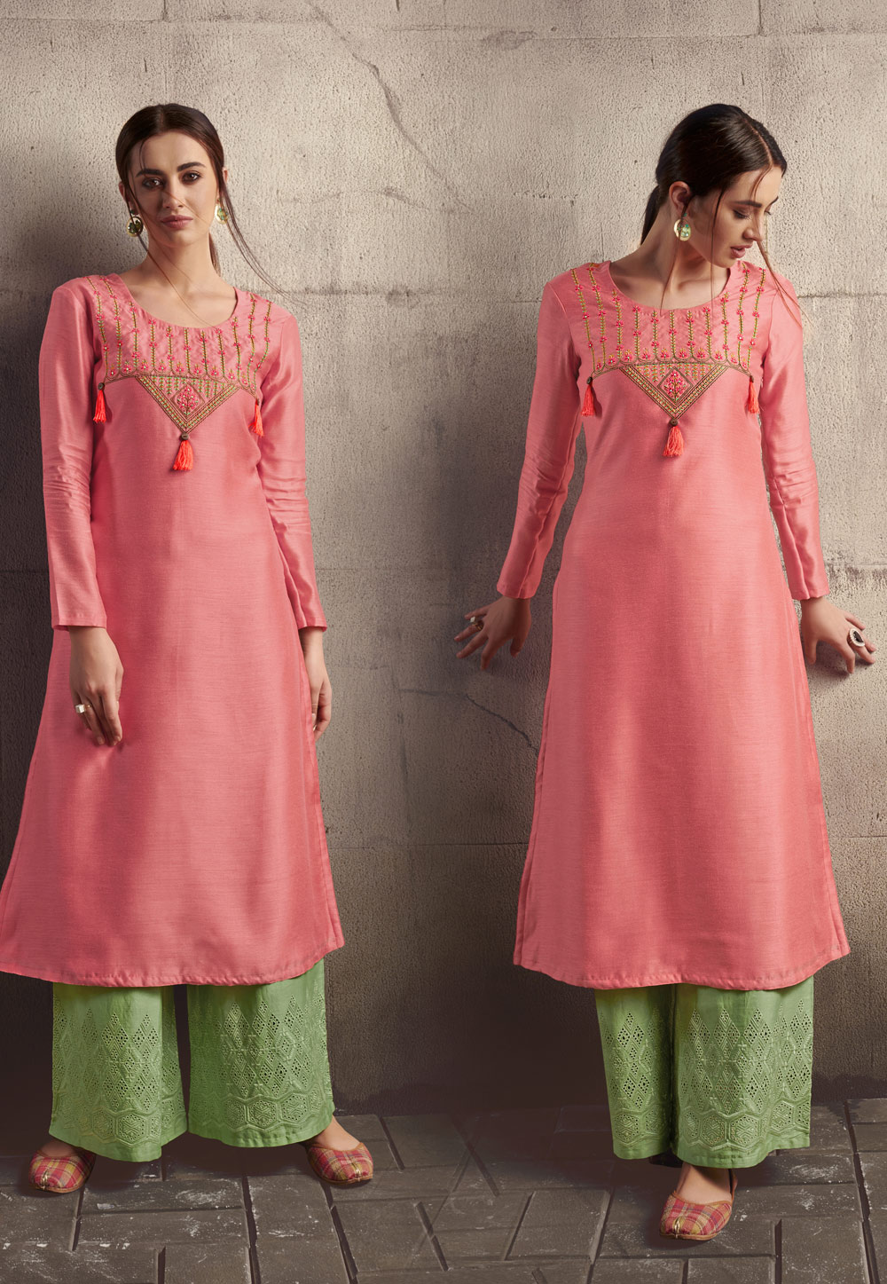 Pink Art Silk Readymade Palazzo Suit 193390
