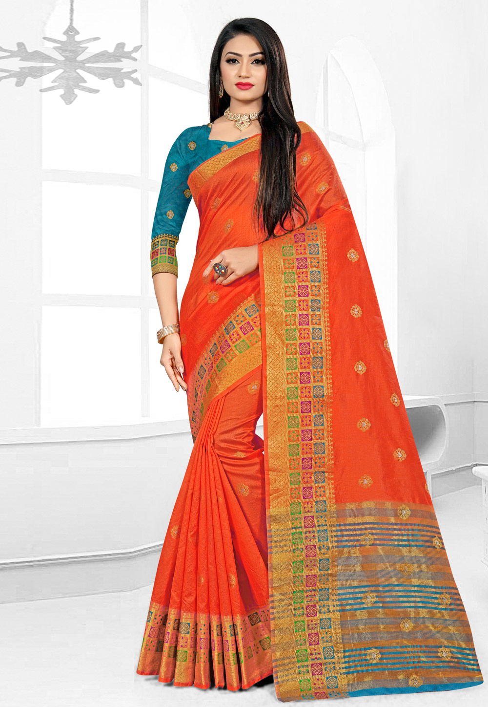 Orange Cotton Saree With Blouse 193379