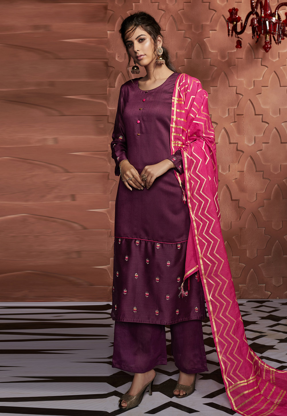 Purple Silk Readymade Palazzo Suit 193435