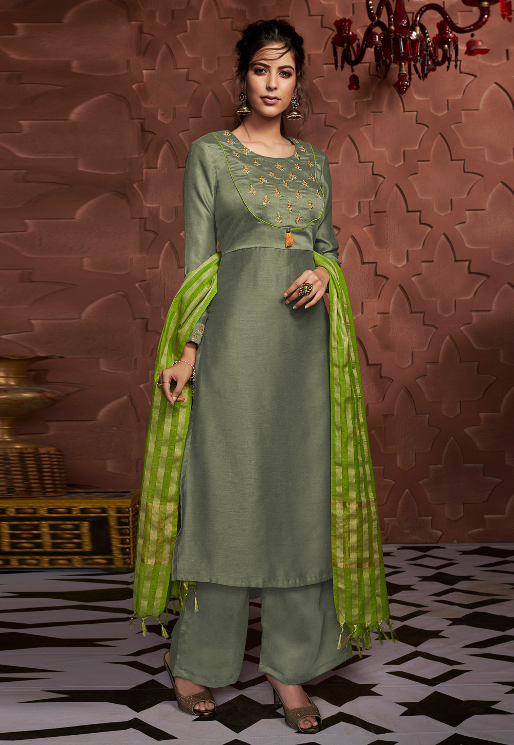 Olive Green Silk Readymade Kameez With Palazzo 193438