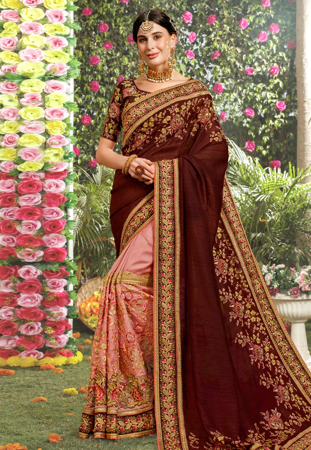 Brown Art Silk Embroidered Festival Wear Saree 195050