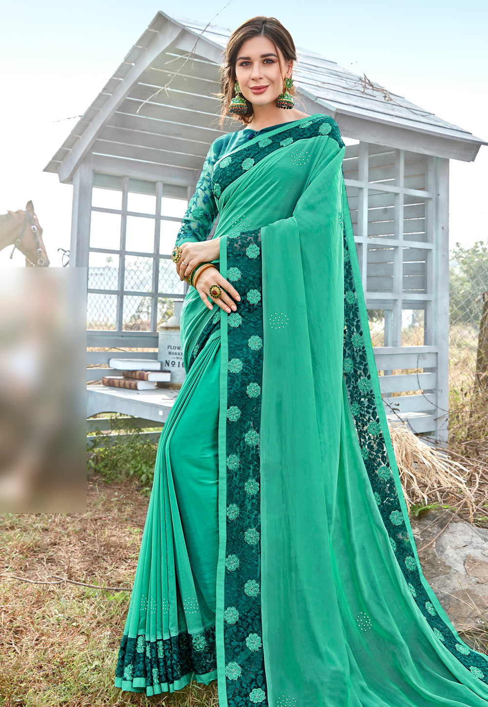 Sea Green Satin Festival Wear Saree 195033