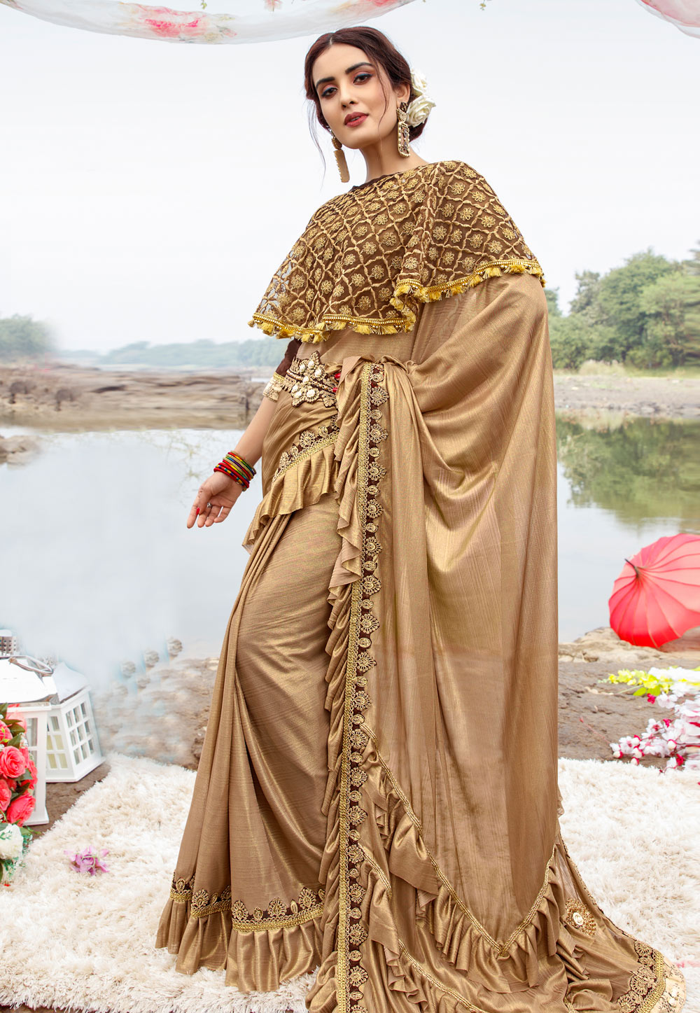 Beige Lycra Festival Wear Saree With Cape and Belt 195036