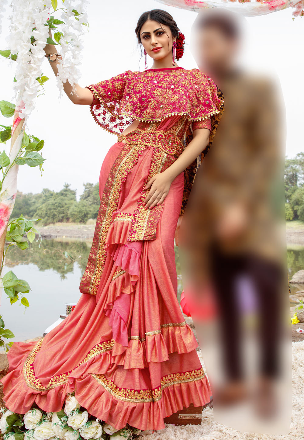 Pink Lycra Festival Wear Saree With Cape and Belt 195037