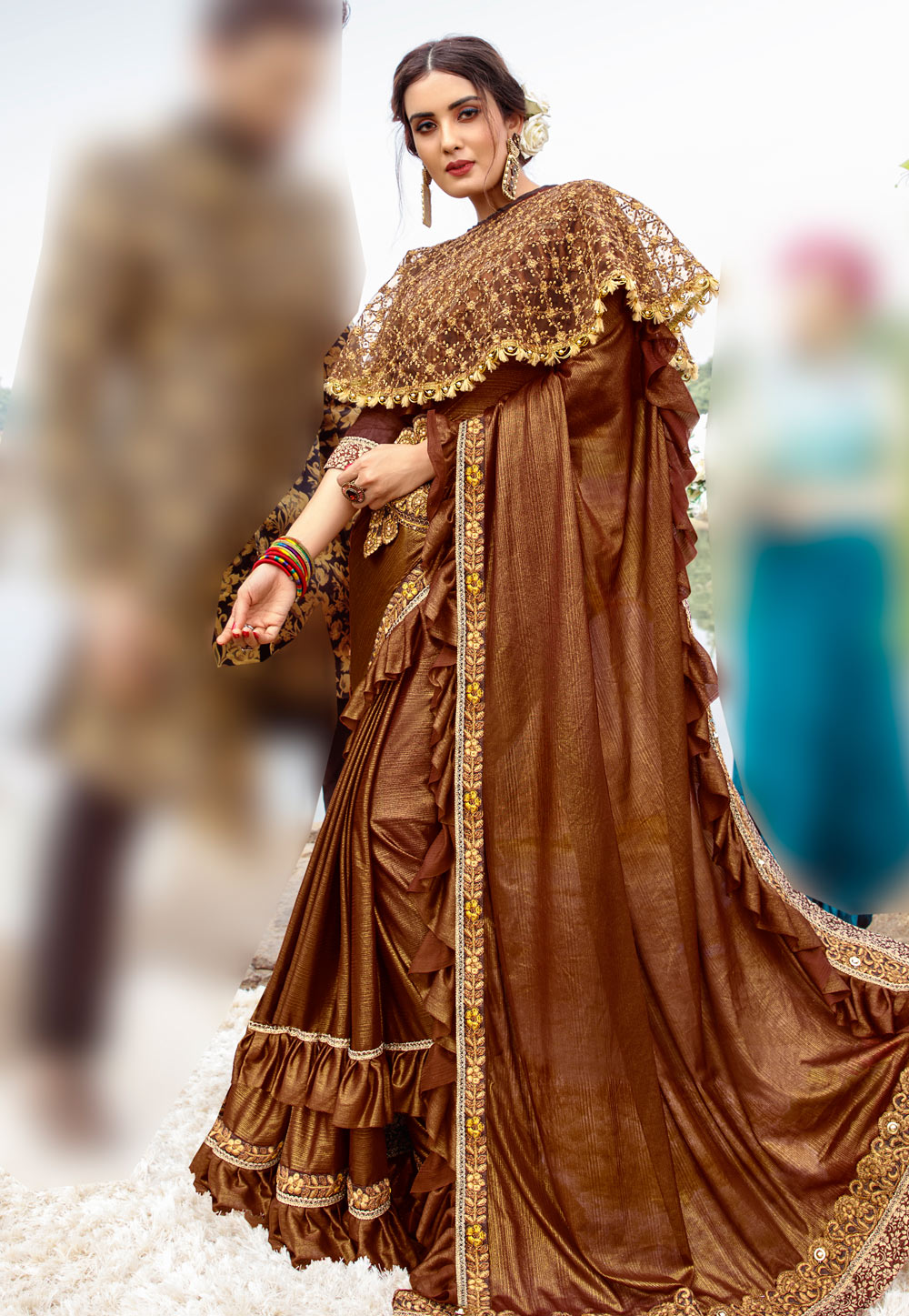 Brown Lycra Festival Wear Saree With Cape and Belt 195039