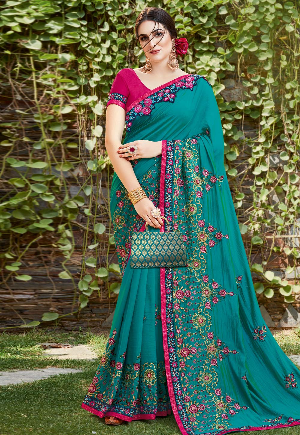Turquoise Blue Satin Saree With Blouse 195670