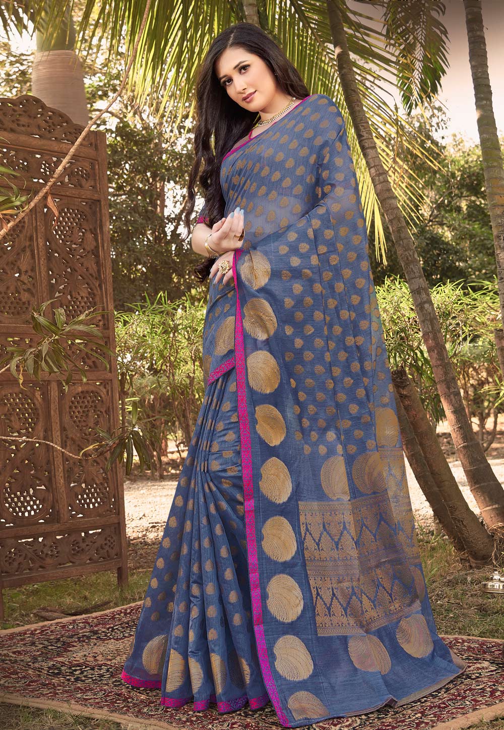 Steel Blue Silk Saree With Blouse 196323