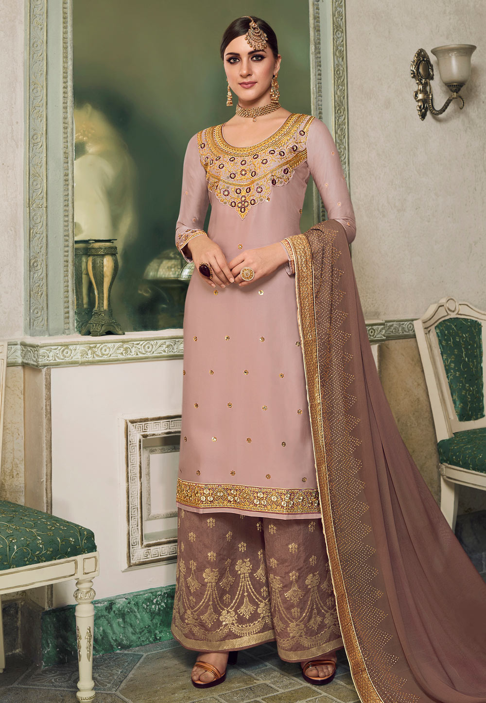 Coral Pink Satin Kameez With Palazzo 196436
