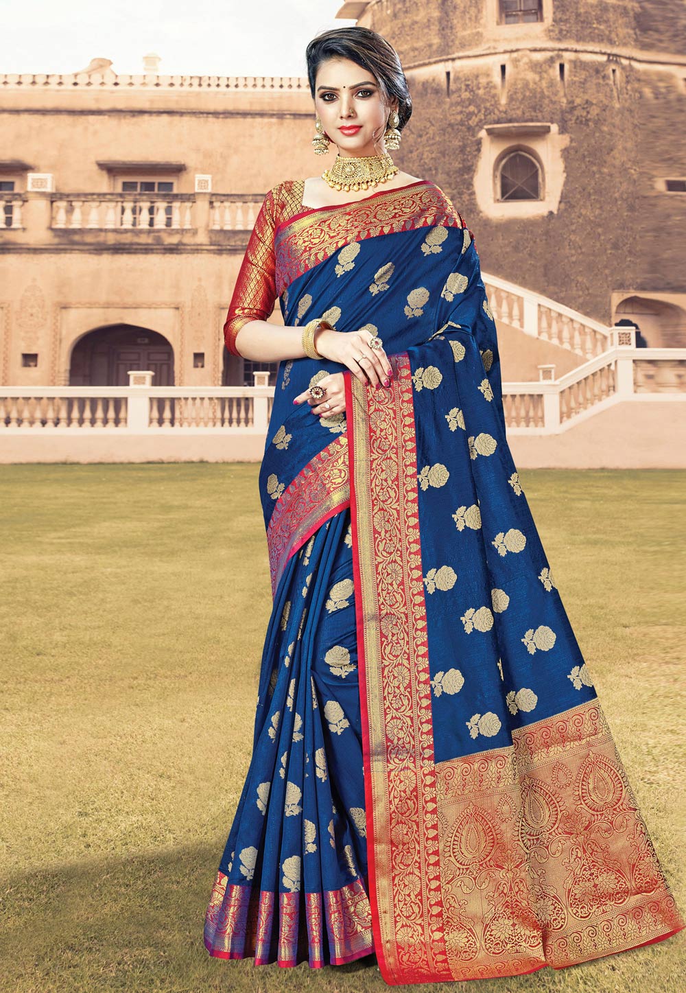 Navy Blue Cotton Saree With Blouse 196498