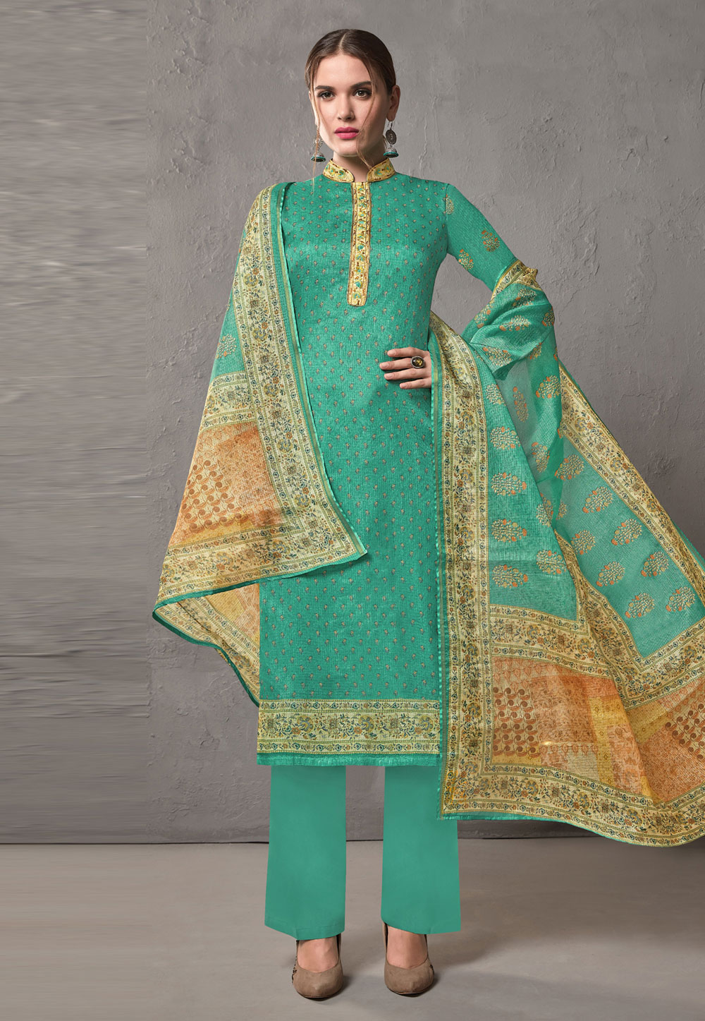 Green Cotton Printed Palazzo Suit 197070