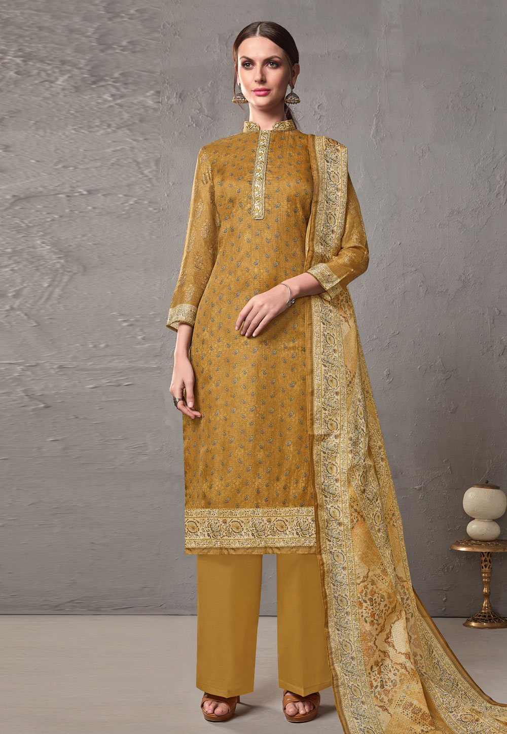 Mustard Cotton Printed Kameez With Palazzo 197073