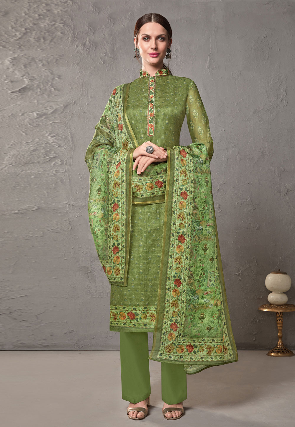 Green Cotton Printed Kameez With Palazzo 197075