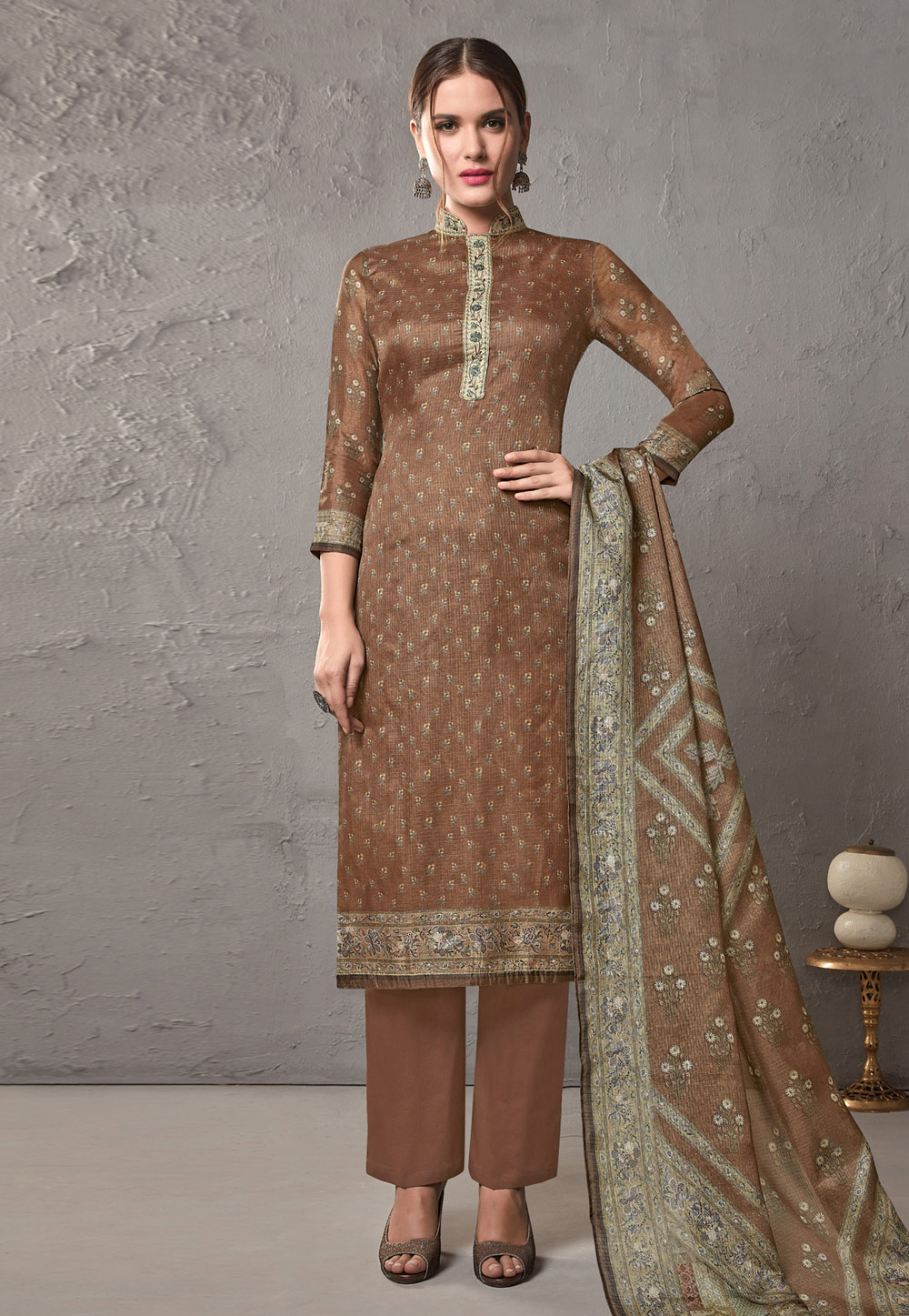 Brown Cotton Printed Kameez With Palazzo 197078
