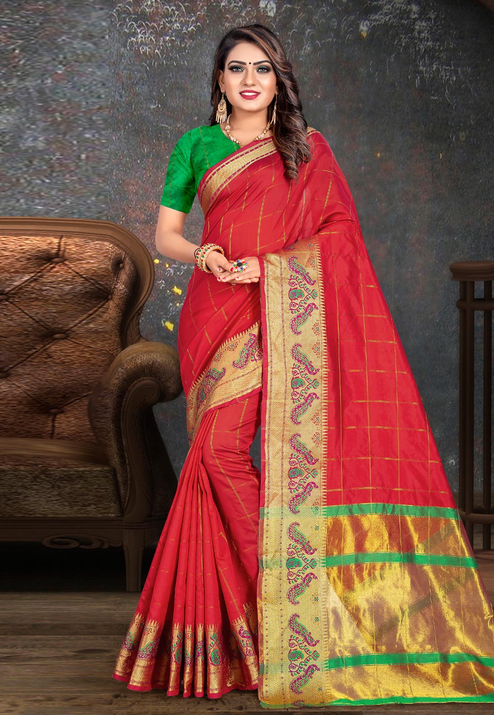 Red Cotton Saree With Blouse 197449