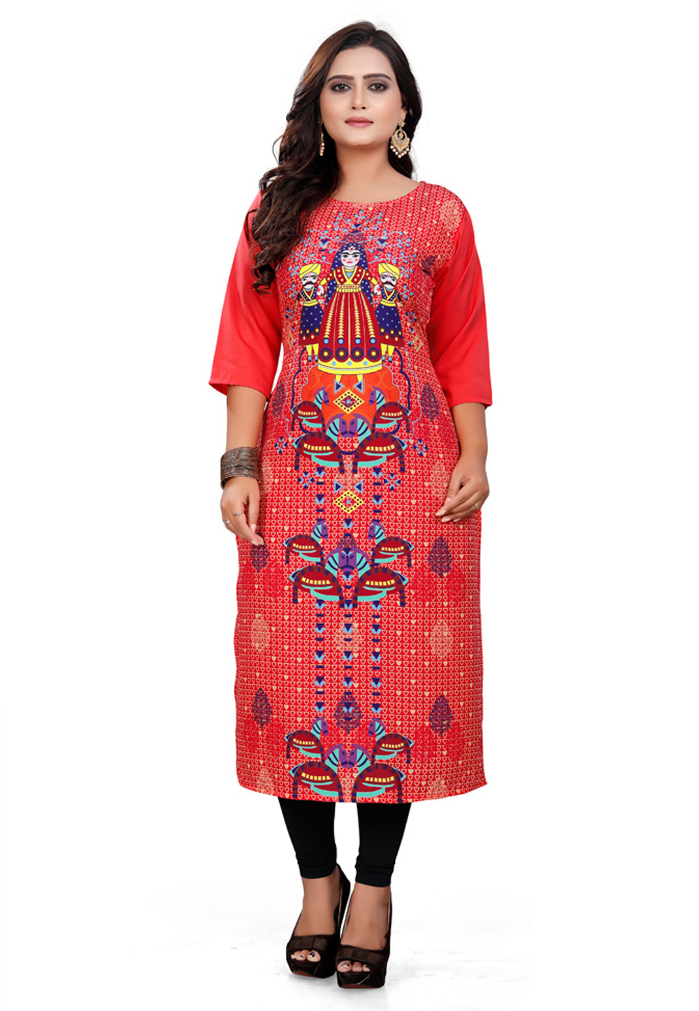 Red Crepe Readymade Printed Tunic 197427