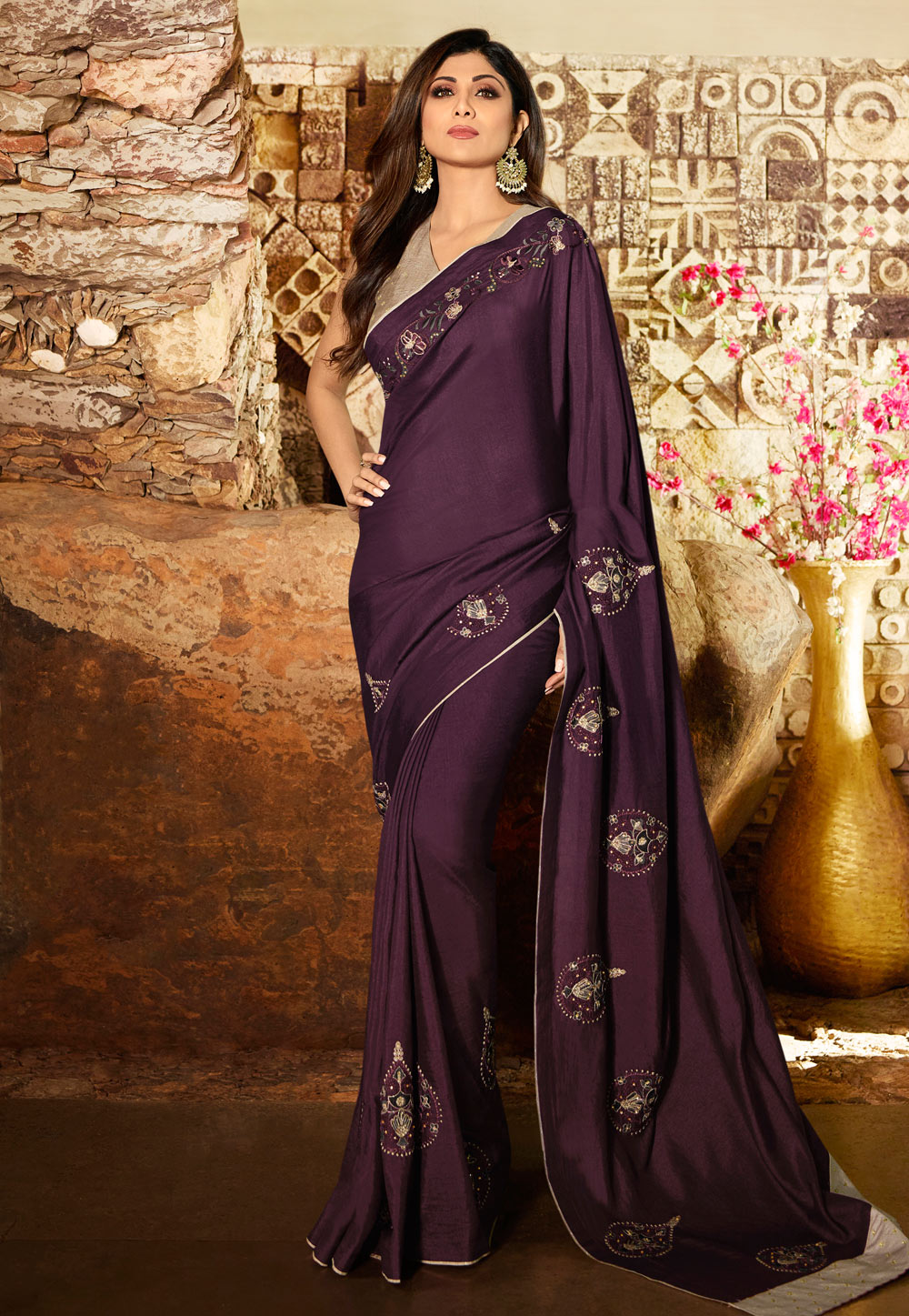 Shilpa Shetty Purple Silk Party Wear Saree 197599