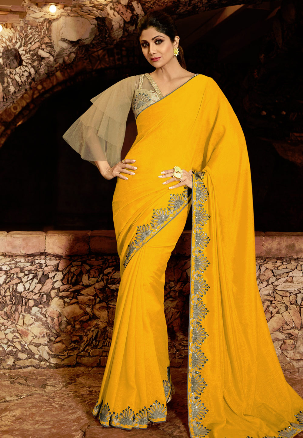 Shilpa Shetty Yellow Silk Festival Wear Saree With Frill Sleeve 197605