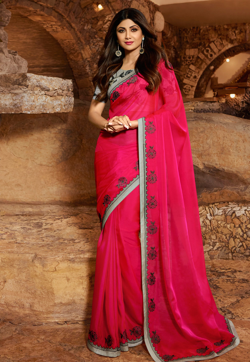 Shilpa Shetty Pink Satin Festival Wear Saree 197609