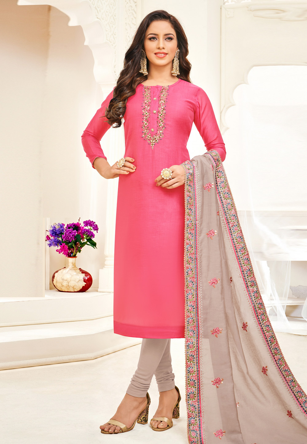 Pink Silk Churidar Suit 198622