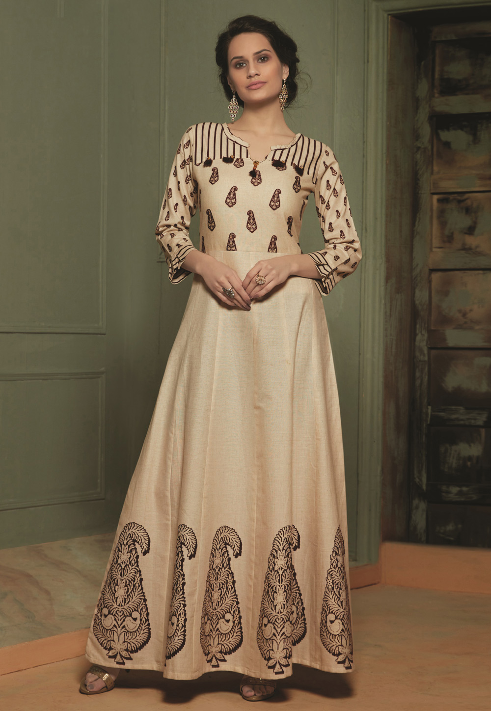 Beige Cotton Readymade Printed Gown 199717