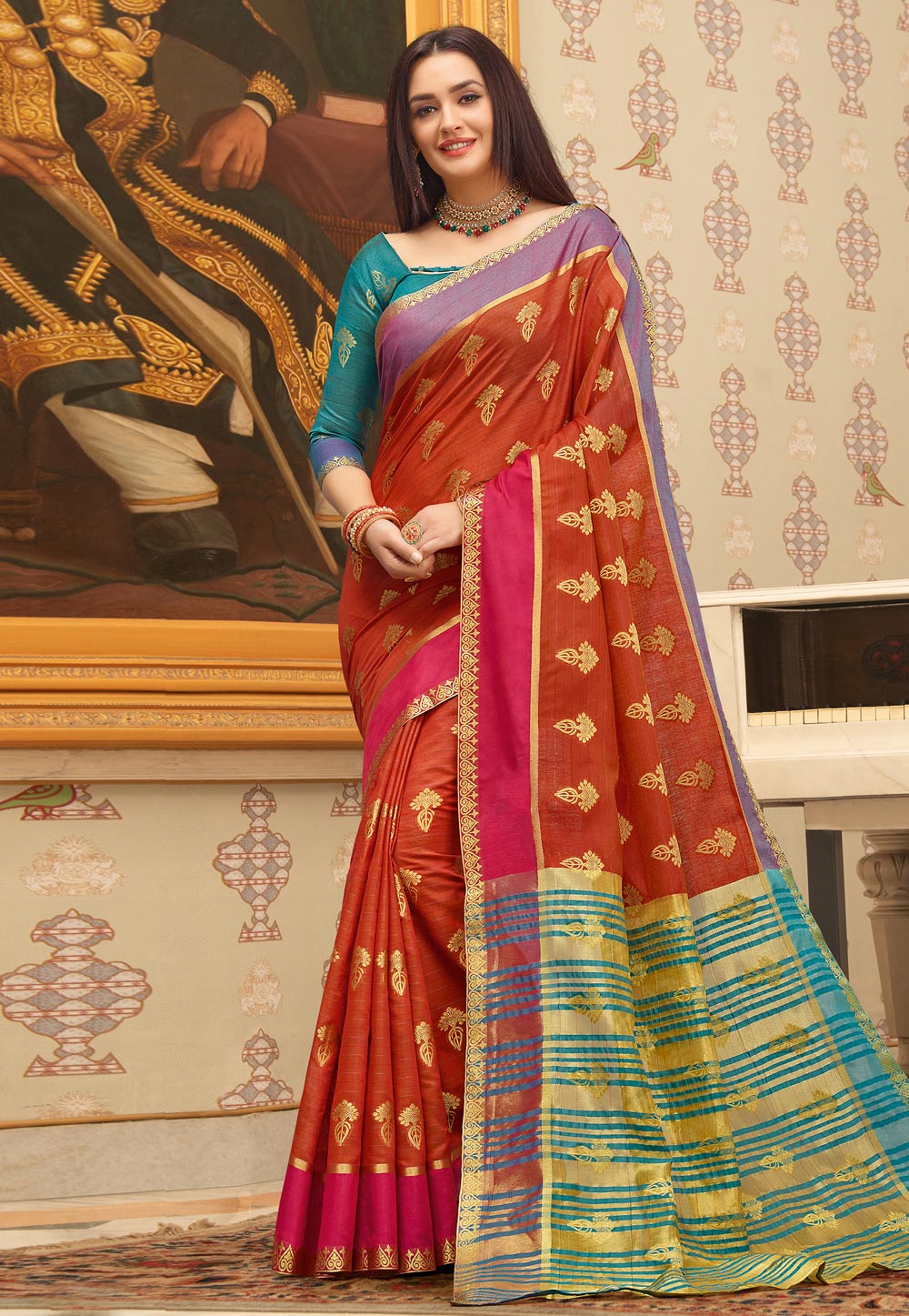 Rust Cotton Saree With Blouse 199729