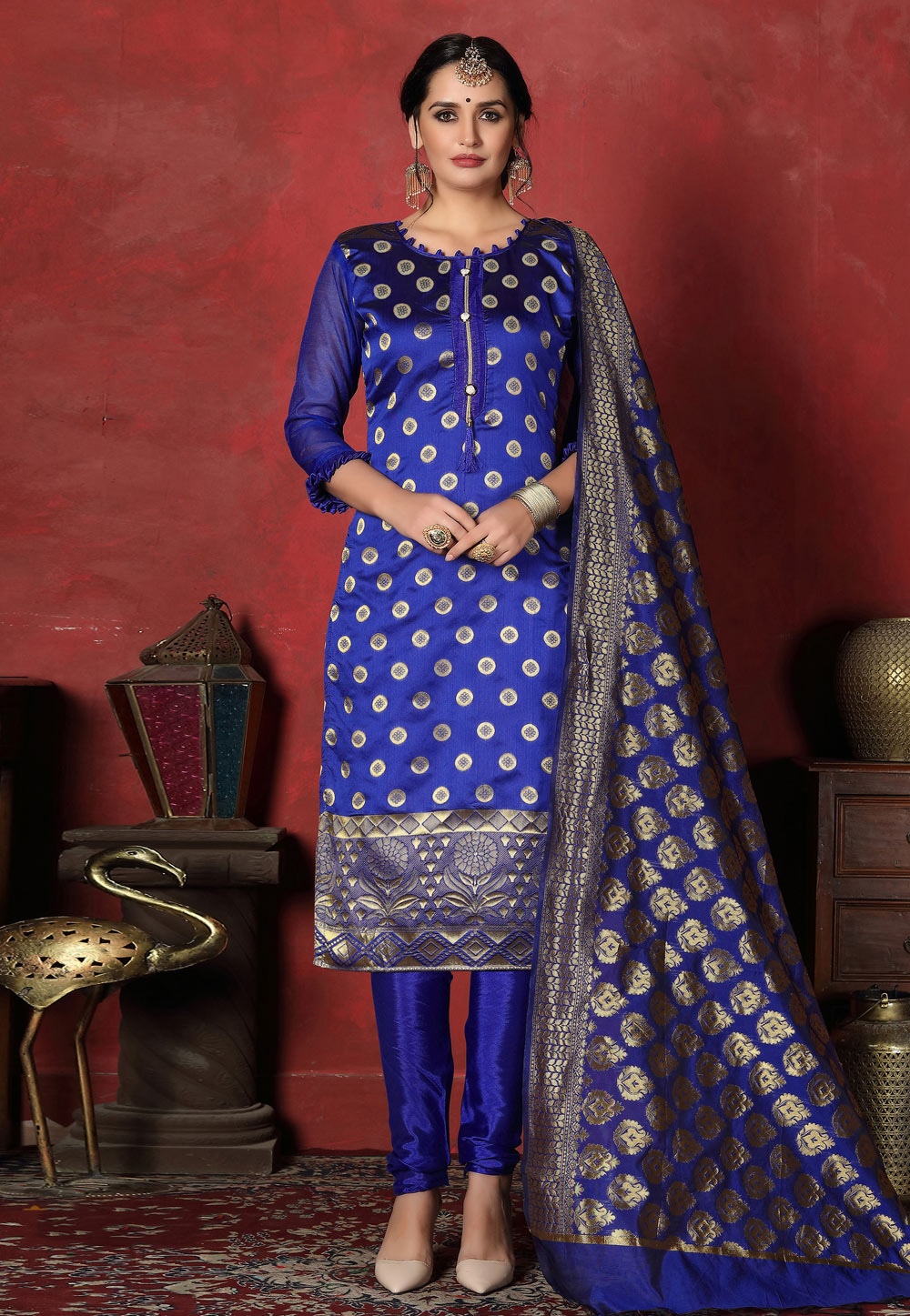 Blue Banarasi Silk Churidar Suit 199876